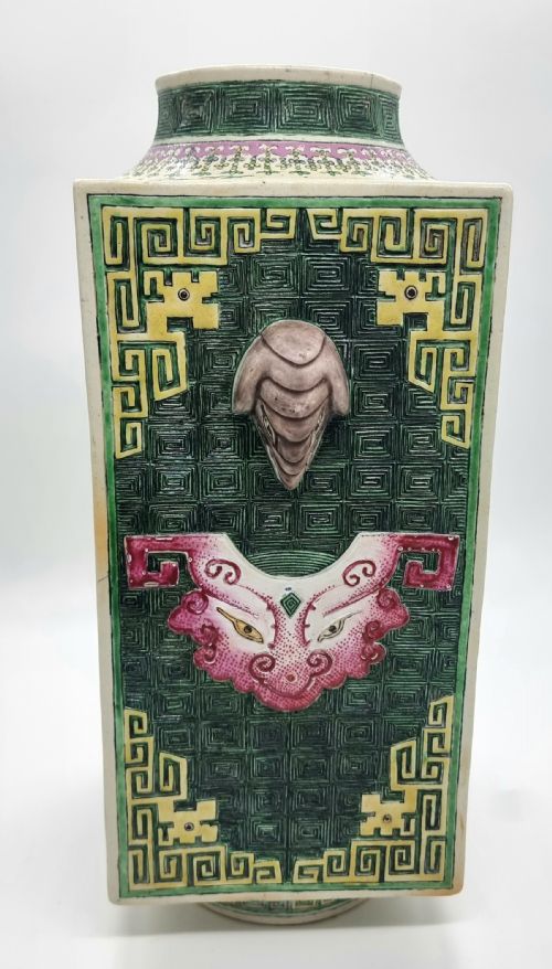 A RARE CHINESE ROSE-VERTE BISCUIT ENAMELLED VASE, ... 3