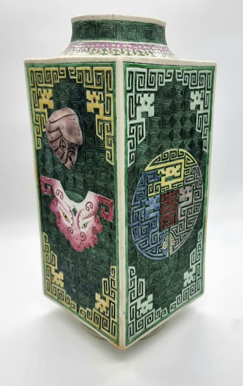 A RARE CHINESE ROSE-VERTE BISCUIT ENAMELLED VASE, ... 7