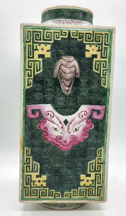 A RARE CHINESE ROSE-VERTE BISCUIT ENAMELLED VASE, ... 8