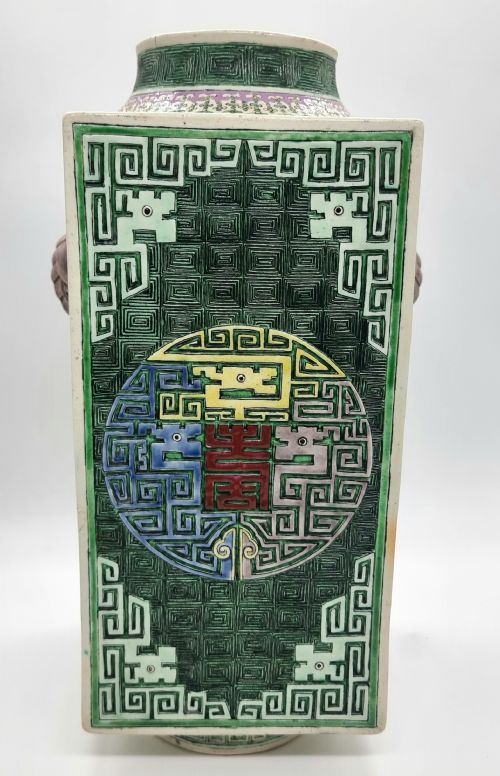 A RARE CHINESE ROSE-VERTE BISCUIT ENAMELLED VASE, ... 9