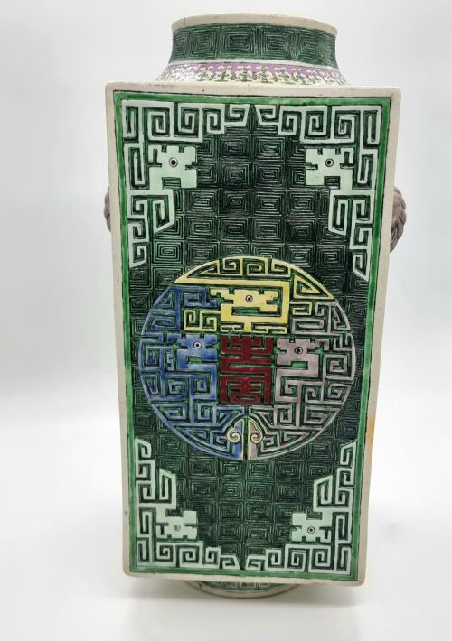 A RARE CHINESE ROSE-VERTE BISCUIT ENAMELLED VASE, ... 10
