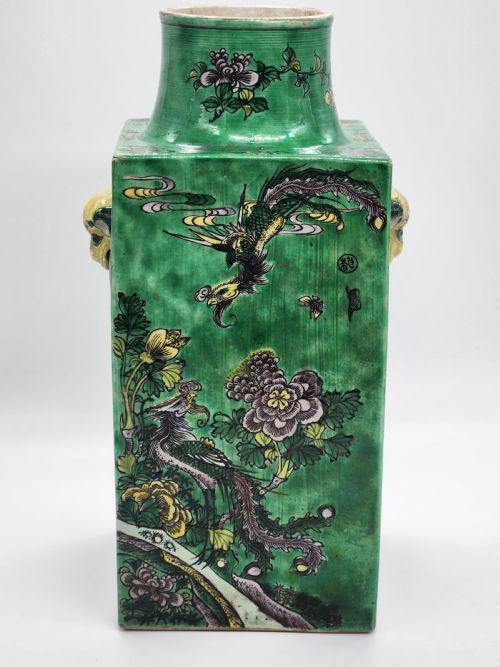 A RARE CHINESE PORCELAIN SQUARE FAMILLE VERTE VASE WITH TAOTIE RINGS HAVING KANGXI MARK ON THE BASE - ADDITIONAL PHOTO 13