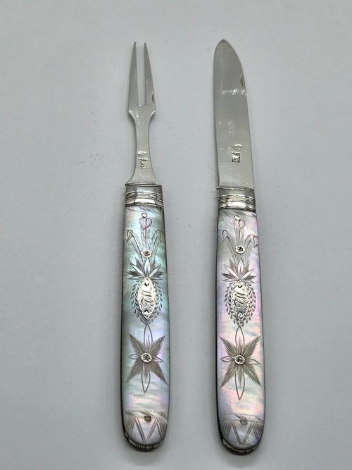 An Unusual George III Cased Solid Silver & Mother of Pearl Travelling Knife & Fork Campaign Set