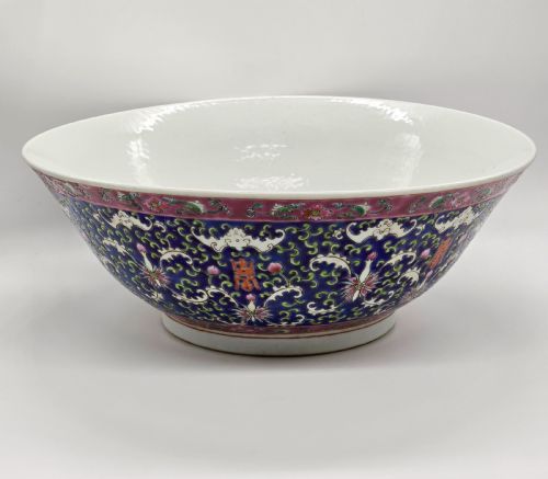EXQUISITE LARGE HAND PAINTED CHINESE PORCELAIN COBALT BLUE MOTIFS PUNCH BOWL - ADDITIONAL PHOTO 13
