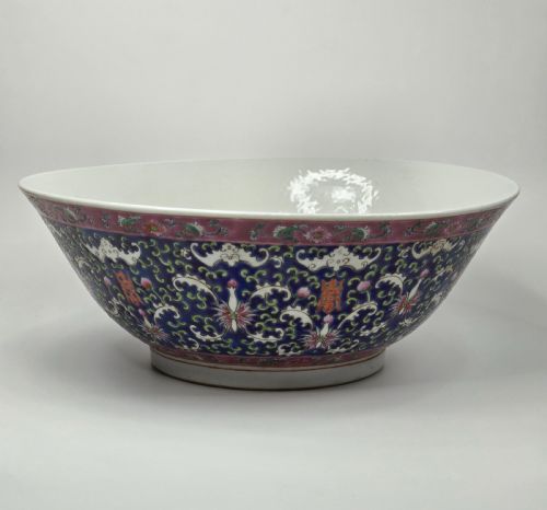 EXQUISITE LARGE HAND PAINTED CHINESE PORCELAIN COBALT BLUE MOTIFS PUNCH BOWL - ADDITIONAL PHOTO 5