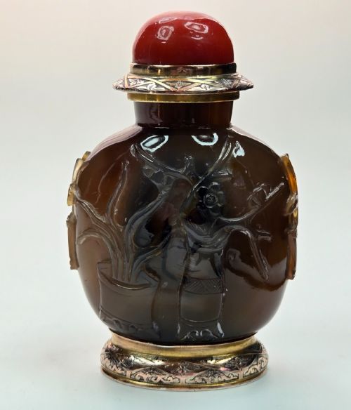CARTIER PARIS ART DECO 18K GOLD CARVED SHADOW AGATE SCENT SNUFF BOTTLE - ADDITIONAL PHOTO 4