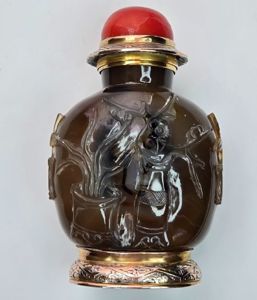 CARTIER PARIS ART DECO 18K GOLD CARVED SHADOW AGATE SCENT SNUFF BOTTLE - ADDITIONAL PHOTO 5