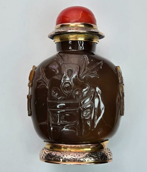 CARTIER PARIS ART DECO 18K GOLD CARVED SHADOW AGATE SCENT SNUFF BOTTLE - ADDITIONAL PHOTO 6