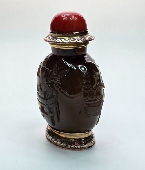 CARTIER PARIS ART DECO 18K GOLD CARVED SHADOW AGATE SCENT SNUFF BOTTLE - ADDITIONAL PHOTO 18