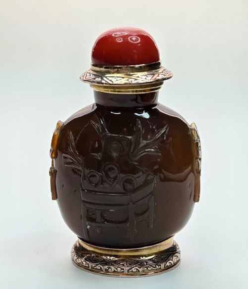 CARTIER PARIS ART DECO 18K GOLD CARVED SHADOW AGATE SCENT SNUFF BOTTLE - ADDITIONAL PHOTO 21