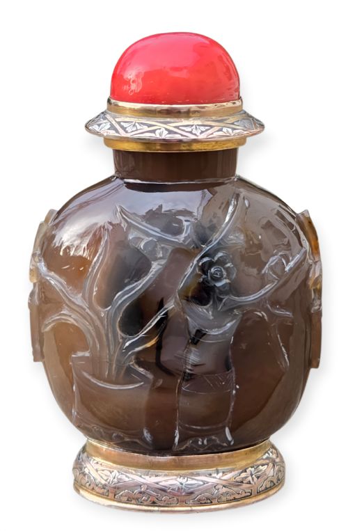 CARTIER PARIS ART DECO 18K GOLD CARVED SHADOW AGATE SCENT SNUFF BOTTLE - ADDITIONAL PHOTO 1