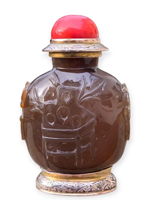 CARTIER PARIS ART DECO 18K GOLD CARVED SHADOW AGATE SCENT SNUFF BOTTLE - ADDITIONAL PHOTO 2