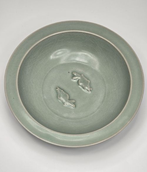 ANTIQUE CHINESE LONGQUAN CELADON TWIN FISH DISH-20CM ... 18