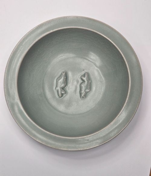 ANTIQUE CHINESE LONGQUAN CELADON TWIN FISH DISH-20CM ... 9