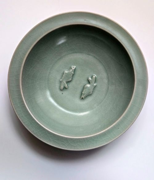 ANTIQUE CHINESE LONGQUAN CELADON TWIN FISH DISH-20CM ... 20