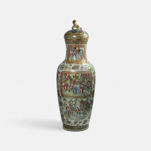 fig 3. A 19th-century Cantonese Rose Mandarin porcelain baluster vase decorated with narrative figure panels, floral enamel borders, and a domed cover topped with a gilt foo dog finial.