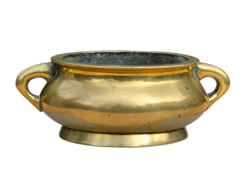 fig 4. An 18th-century Chinese bronze censer featuring a rounded bombe body, flared rim, splayed foot ring, and two loop handles.