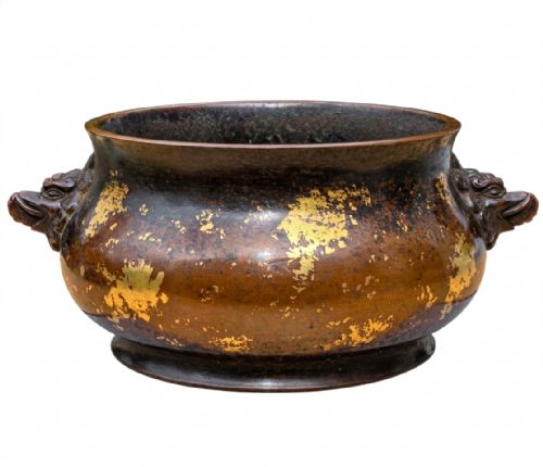 A Massively Heavy Cast and Gilt-Splashed Chinese Bronze 'Taotie' Mask Handle Censer Period: Late Ming Dynasty, 16th Century