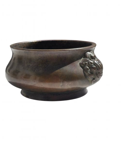 fig 1. A cast bronze censer featuring a flared rim, compressed globular body, low circular foot, and cast relief taotie mask handles on the side.