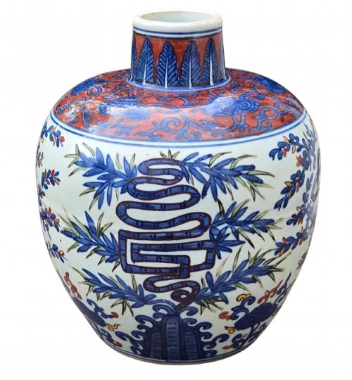 A RARE IMPERIAL UNDERGLAZE BLUE AND IRONRED LONGEVITY JAR MARK OF JIAJING 15221566 - ADDITIONAL PHOTO 9