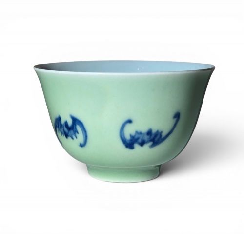 Fine Chinese Celadon-ground Underglaze Blue 'Bat' Cup, Qianlong Mark