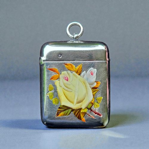 A Victorian Sterling Silver & Painted Enamel Yellow & White Rose Vesta Case – William Neale, Chester 1888