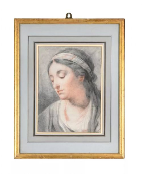 fig 2. A chalk portrait drawing depicting the head and shoulders of a young woman wearing a patterned headband with her head tilted downwards.