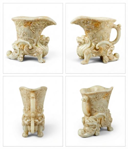 AN EXCEPTIONAL ARCHAISTIC PALE NEPHRITE JADE DRAGON AND MYTHICAL BEAST RHYTONCUP 18TH CENTURY QIANLONG PERIOD - ADDITIONAL PHOTO 14