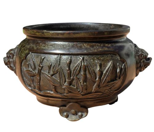 Late 16th-century Ming Dynasty Bronze Scholar's Censer with "Three Friends of Winter" Relief Panels