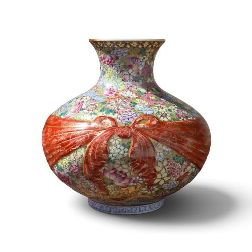 Fine Chinese Millefleurs and Iron-red Ribbon-wrapped Vase with Dual Dragons, Late Qing to Early Republic Period, Circa 1900