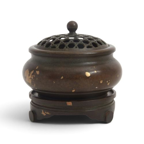 A Fine Late 18th/early 19th-century Chinese Gold-splashed Bronze Scholar’s Censer, Stand, and Cover