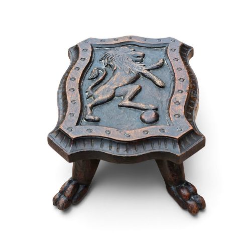 Late 19th-century Scottish Victorian Carved Oak Occasional Footstool with Heraldic Lion Rampant Motif and Claw-and-ball Feet