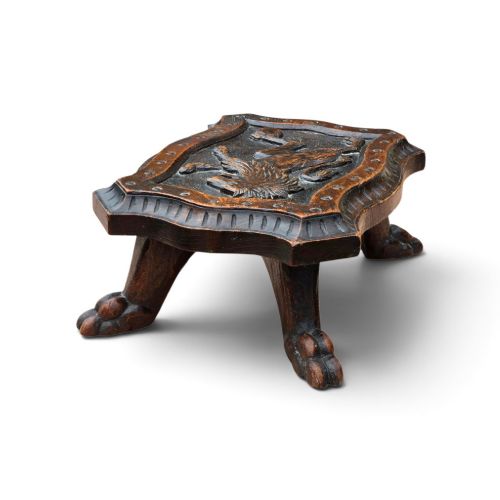 fig 1. Late 19th-Century Scottish Victorian Carved Oak Occasional Footstool with Heraldic Lion Rampant Motif and Claw-and-Ball Feet