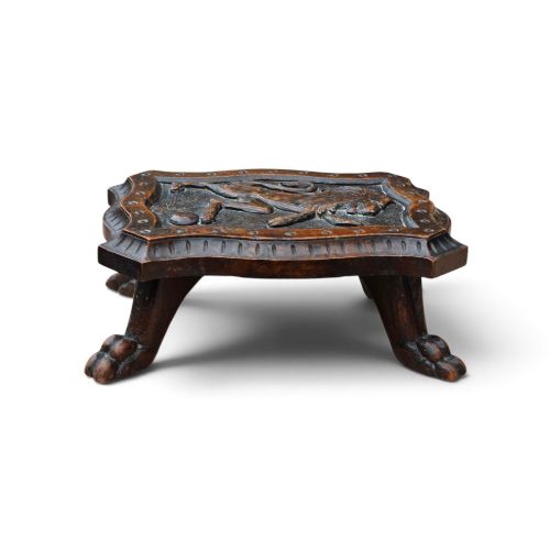 fig 3. Late 19th-Century Scottish Victorian Carved Oak Occasional Footstool with Heraldic Lion Rampant Motif and Claw-and-Ball Feet