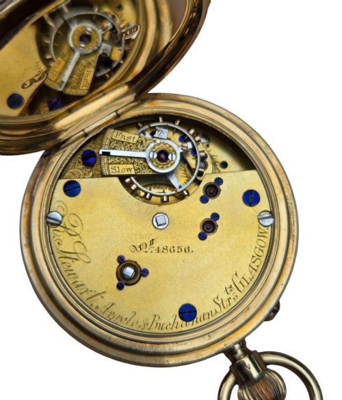 fig 4. An 18-karat gold Victorian pocket watch casing displaying a polychrome enamelled coat of arms flanked by griffin supporters and a heraldic motto banner.