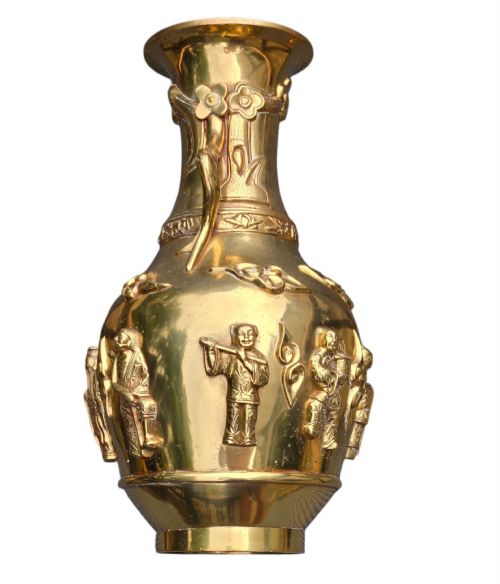 fig 4. A late 19th-century Chinese brass baluster vase featuring raised high-relief carvings of Daoist figures, clouds, and floral handles.