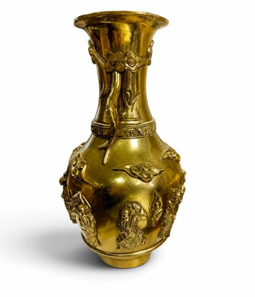 Large Late 19th-century Chinese High-relief Copper-alloy Baluster Vase, Depicting Daoist Immortals with Twin-dragon Xuande Base Mark, 41cm, 5.30kg