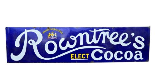 fig 1. A rectangular cobalt blue vitreous enamel advertising sign featuring white script reading Rowntrees Cocoa and yellow lettering reading Elect Cocoa, topped with a royal warrant crest.