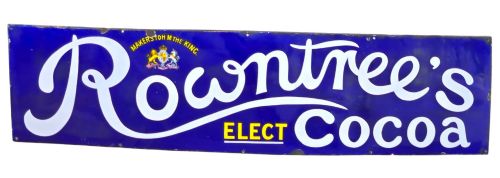 fig 4. A rectangular cobalt blue vitreous enamel advertising sign featuring white script reading Rowntrees Cocoa and yellow lettering reading Elect Cocoa, topped with a royal warrant crest.