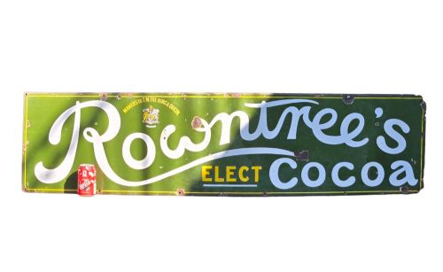 fig 2. A large rectangular bottle green enamel sign featuring white and yellow typography for Rowntrees Elect Cocoa with a royal crest.