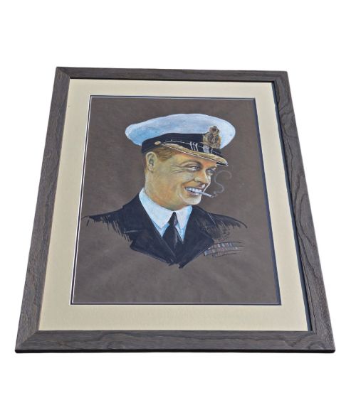 fig 4. A framed 1931 pastel portrait drawing depicting a smiling man in a naval uniform smoking a cigarette against a dark background within a double mount and dark wood frame.