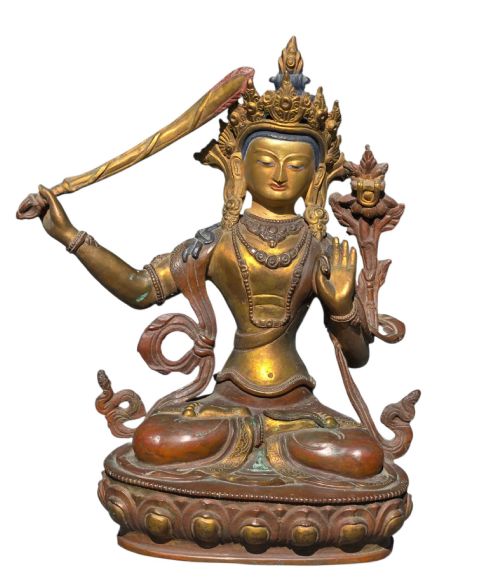 fig 3. An antique Sino-Tibetan gilt-bronze figure of Bodhisattva Manjushri seated cross-legged on a double-lotus base, brandishing a flaming sword in his right hand.