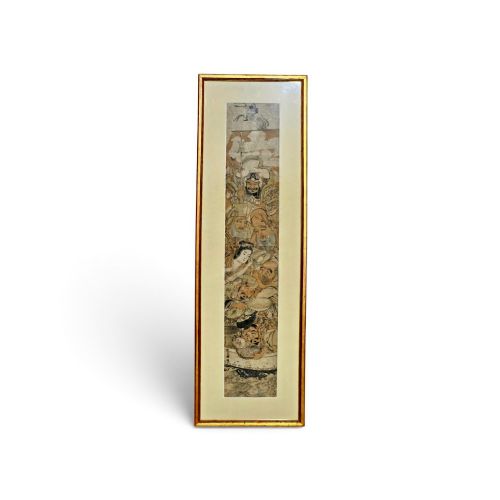 fig 1. A tall framed Japanese ukiyo-e woodblock print depicting seven figures aboard a vessel beneath a flying crane, presented in a gold frame with a wide cream mount.