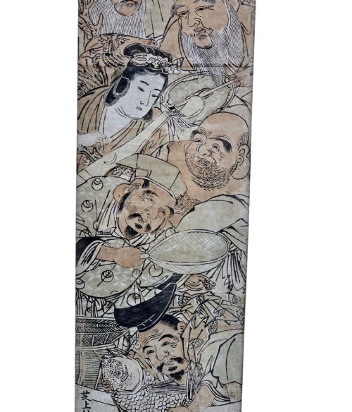 fig 3. A tall framed Japanese ukiyo-e woodblock print depicting seven figures aboard a vessel beneath a flying crane, presented in a gold frame with a wide cream mount.