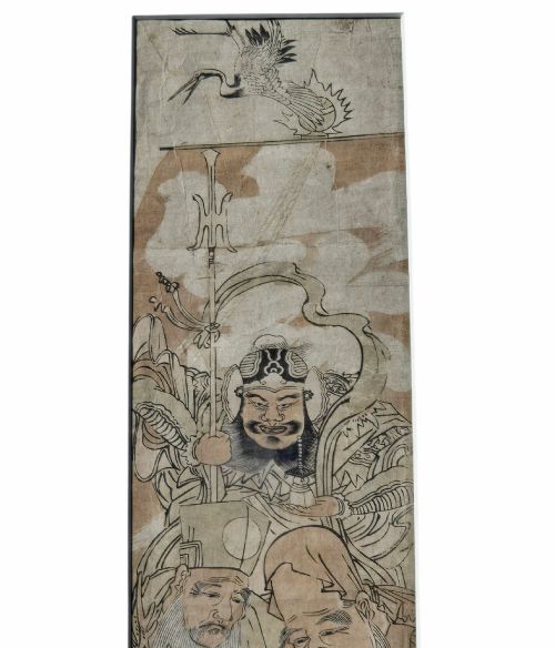 fig 6. A tall framed Japanese ukiyo-e woodblock print depicting seven figures aboard a vessel beneath a flying crane, presented in a gold frame with a wide cream mount.