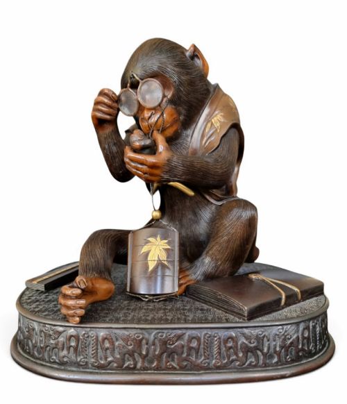 A Magnificent and Rare Meiji Period Mixed-metal Anthropomorphic Scholar Monkey Okimono  Japan, Circa 1880–1900