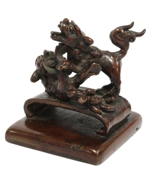 A Fine and Rare Chinese Bronze Scholar’s Seal with Wrestling Shishi  Late Ming Dynasty, 17th Century (C. 1620–1680)
