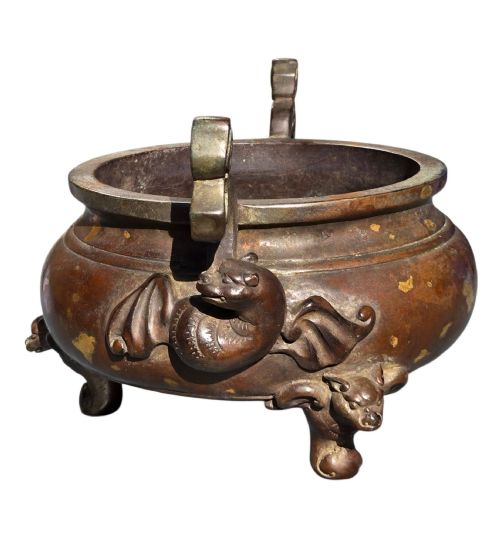 fig 3. An 18th-century Chinese gilt-splashed bronze tripod censer featuring scroll handles, animal-mask legs, a dark hardwood cover topped with a carved jade finial, and a fitted bronze stand.
