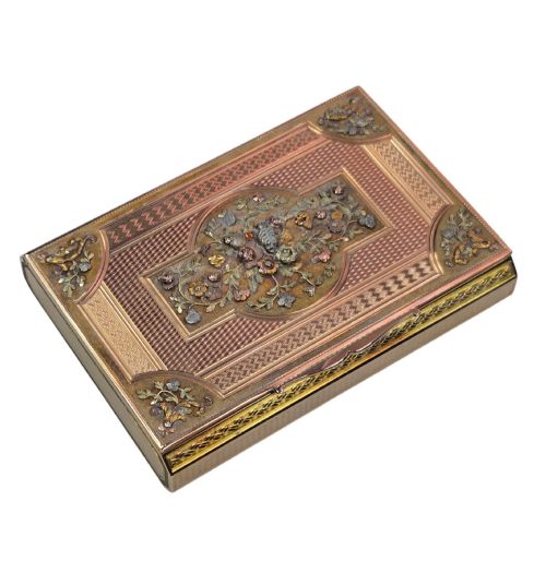 fig 2. A rectangular nineteenth-century vari-colour 18ct gold snuff box featuring engine-turned guilloche patterns and a central raised floral relief panel.