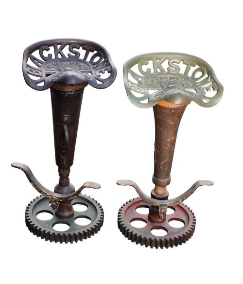 Pair of Heavy Industrial Bar Stools with Late 19th-century Blackstone & Co. Cast-iron Seats and Gear Cog Bases
